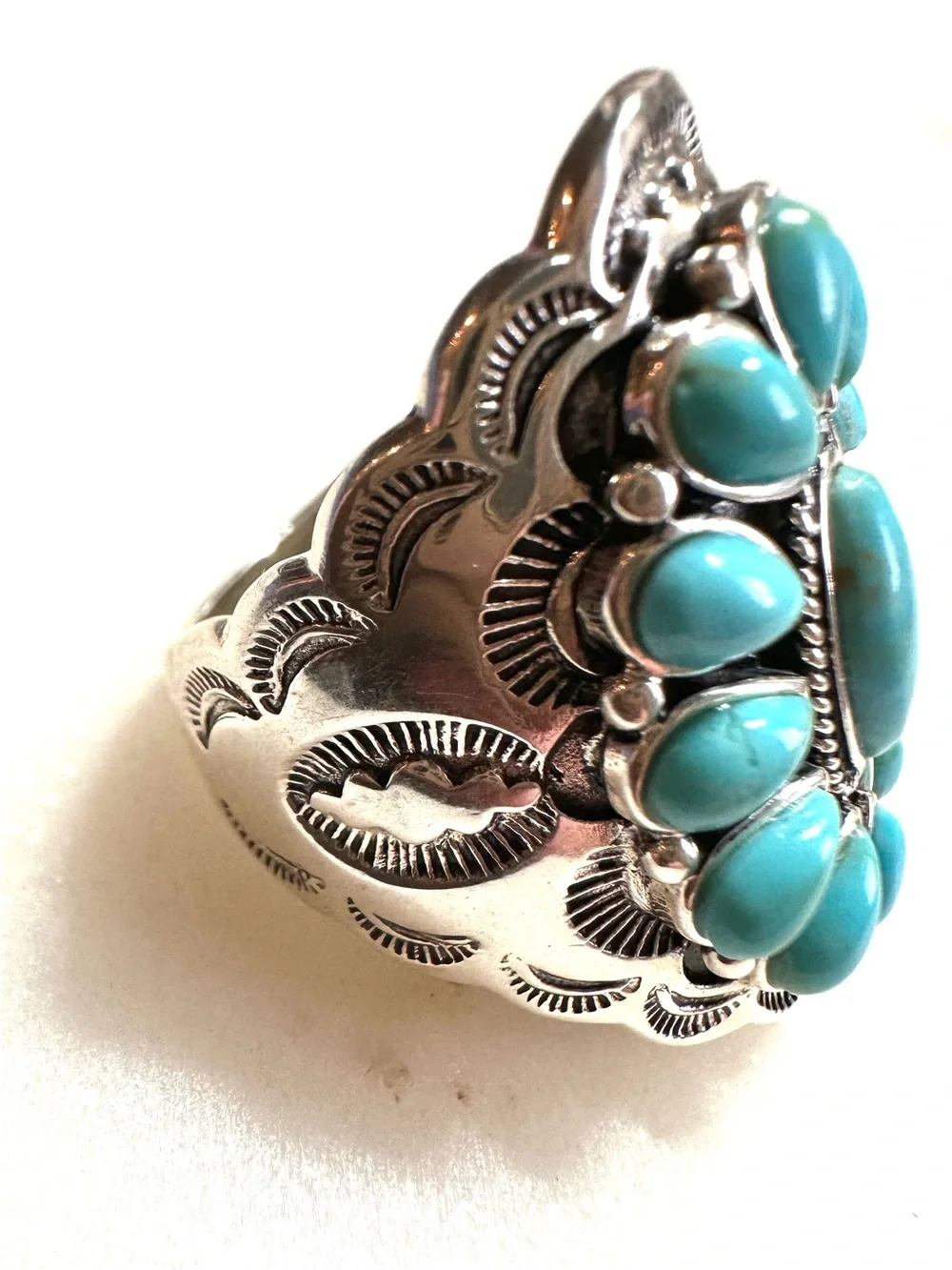 Turquoise Thai Hand-Embossed and Stamped Sterling Silver Cluster Statement Ring